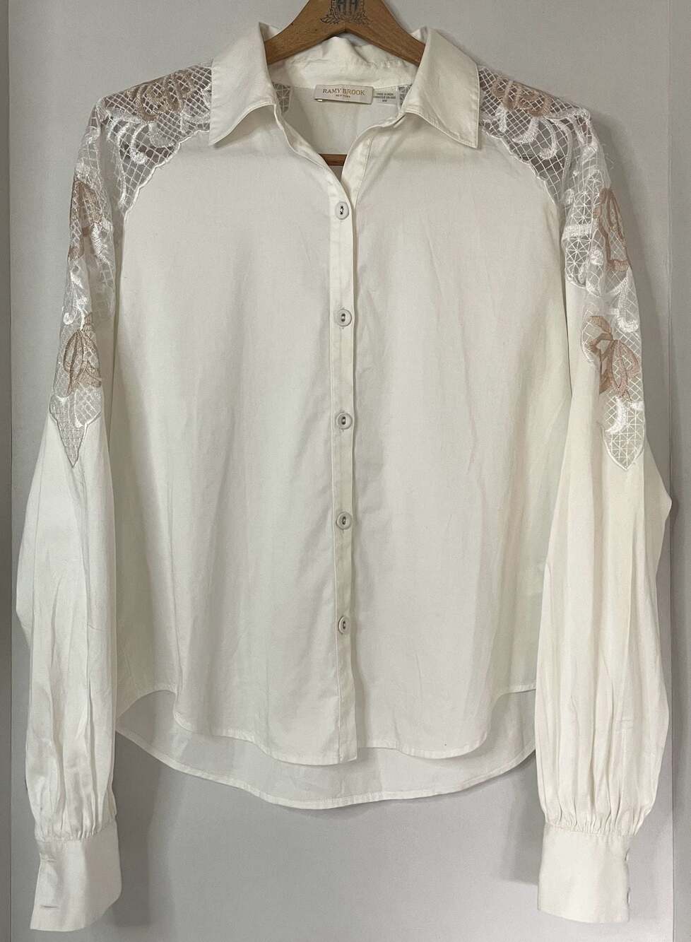 Ramy Brook Ivory Lace Detail Button-Down Shirt Long Sleeve Women Size M Feminine